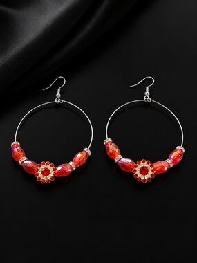 Hand Crafted Red Crystal Hoop Earrings with Floral Accents